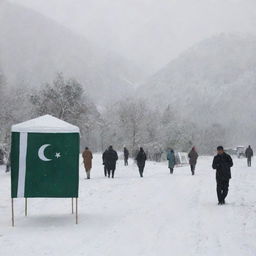 Election day scene in Pakistan during a beautiful snowfall. Include Pakistani flags, voters, polling booths, and picturesque snowy landscape.