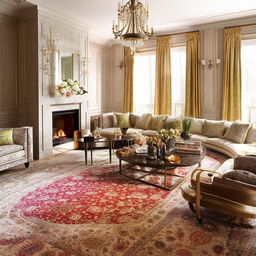 The same living room, but with more luxurious accents. Notable elements include a large, soft, patterned rug, an opulent chandelier, a state-of-the-art fireplace, and vibrant, complementary colors adorning the décor and furniture