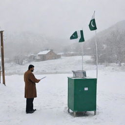 Election day scene in Pakistan during a beautiful snowfall. Include Pakistani flags, voters, polling booths, and picturesque snowy landscape.