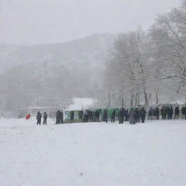 Election day scene in Pakistan during a beautiful snowfall. Include Pakistani flags, voters, polling booths, and picturesque snowy landscape.