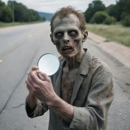 A chilling scene of a zombie gazing into a handheld mirror while standing on the roadside.