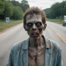 A chilling scene of a zombie gazing into a handheld mirror while standing on the roadside.