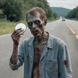 A chilling scene of a zombie gazing into a handheld mirror while standing on the roadside.