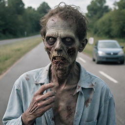 A chilling scene of a zombie gazing into a handheld mirror while standing on the roadside.