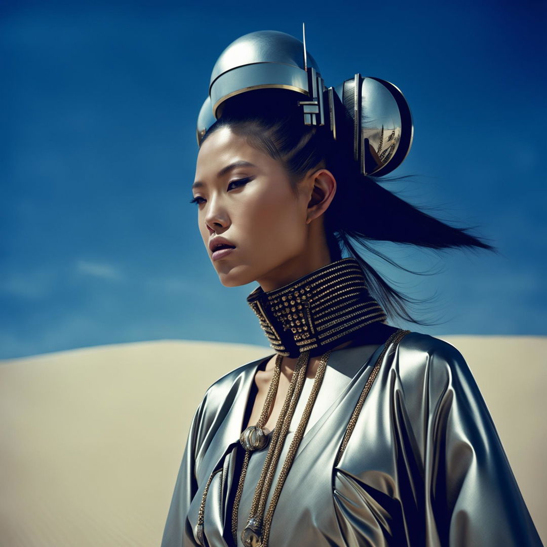 Futuristic Asian model in avant-garde attire surveys sand dunes in a Mario Testino-style photograph.