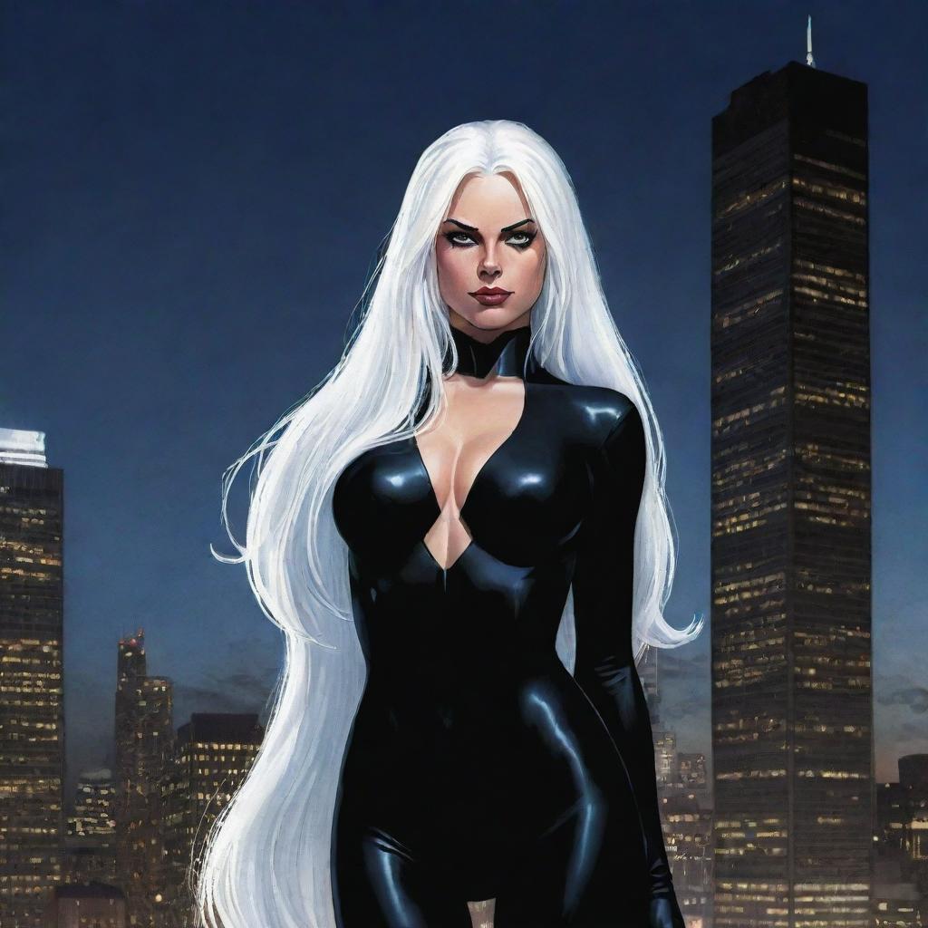 A stunning, drawn depiction of Marvel's Black Cat, featuring her long white hair and tight black suit, standing proudly against a glowing, sky scraper-filled cityscape at night.