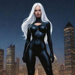 A stunning, drawn depiction of Marvel's Black Cat, featuring her long white hair and tight black suit, standing proudly against a glowing, sky scraper-filled cityscape at night.