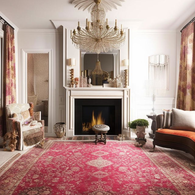 The same living room, but with more luxurious accents. Notable elements include a large, soft, patterned rug, an opulent chandelier, a state-of-the-art fireplace, and vibrant, complementary colors adorning the décor and furniture