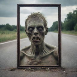 A chilling depiction of a zombie gazing into a large mirror positioned by the roadside.