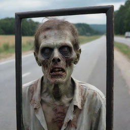 A chilling depiction of a zombie gazing into a large mirror positioned by the roadside.