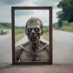 A chilling depiction of a zombie gazing into a large mirror positioned by the roadside.