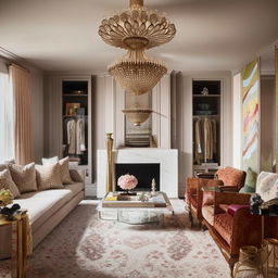 The same living room, but with more luxurious accents. Notable elements include a large, soft, patterned rug, an opulent chandelier, a state-of-the-art fireplace, and vibrant, complementary colors adorning the décor and furniture