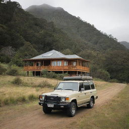 A beautiful wooden villa nestled in the natural landscapes of New Zealand, with a Land Cruiser parked out front.