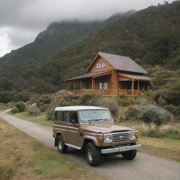 A beautiful wooden villa nestled in the natural landscapes of New Zealand, with a Land Cruiser parked out front.