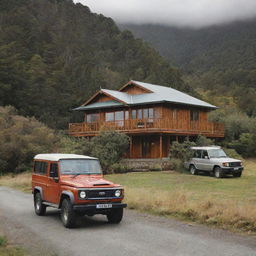 A beautiful wooden villa nestled in the natural landscapes of New Zealand, with a Land Cruiser parked out front.