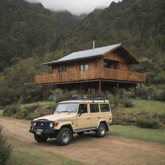 A beautiful wooden villa nestled in the natural landscapes of New Zealand, with a Land Cruiser parked out front.