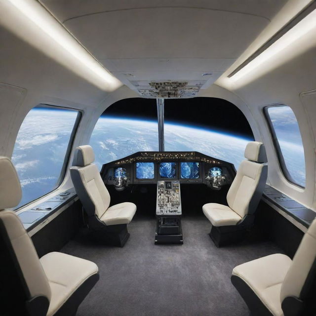 Insightful perspective of the interior passenger cabin in a space plane, with large windows showcasing Earth's majestic orbit.