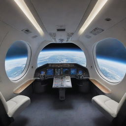 Insightful perspective of the interior passenger cabin in a space plane, with large windows showcasing Earth's majestic orbit.