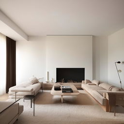 The previously described stylish, modern living room, now adopting a minimalist aesthetic, with clean lines, simple forms, a neutral color palette, minimal decor, and functional, unobtrusive furniture.