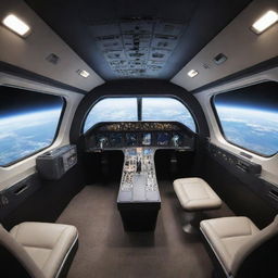 Insightful perspective of the interior passenger cabin in a space plane, with large windows showcasing Earth's majestic orbit.