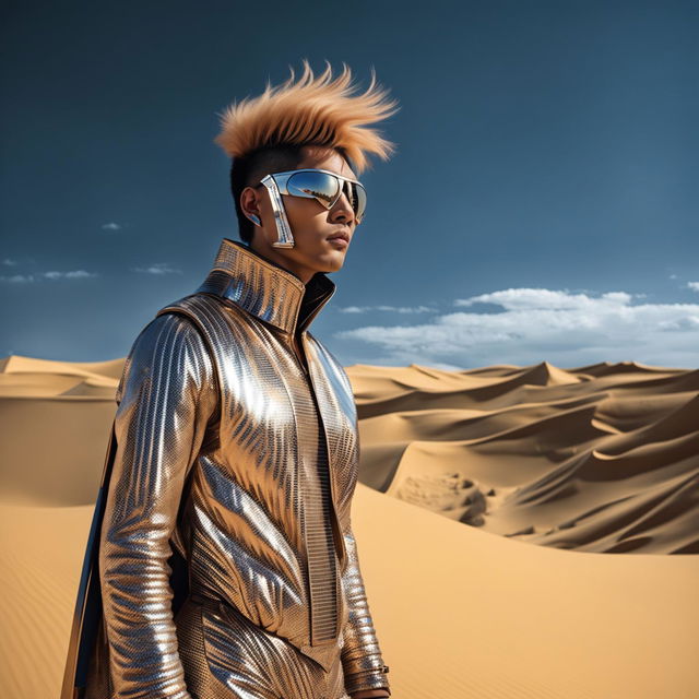 A futuristic Asian man in avant-garde attire surveys vast sand dunes in a Mario Testino-style photograph.