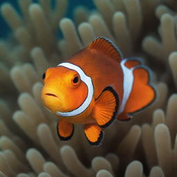 A vibrantly colored clownfish, like Nemo, wearing a smartly tailored suit swimming underwater.