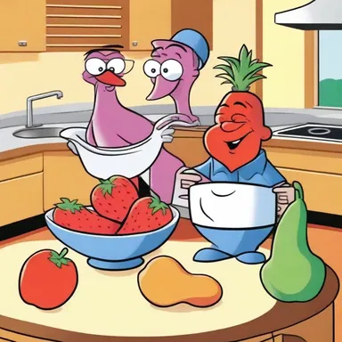 In the cartoon, the characters always have a bowl of simple fruit on the kitchen counter.