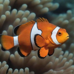 A vibrantly colored clownfish, like Nemo, wearing a smartly tailored suit swimming underwater.