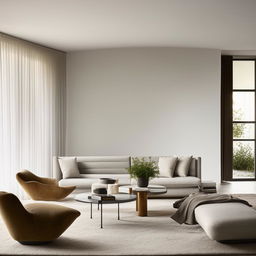 The previously described stylish, modern living room, now adopting a minimalist aesthetic, with clean lines, simple forms, a neutral color palette, minimal decor, and functional, unobtrusive furniture.