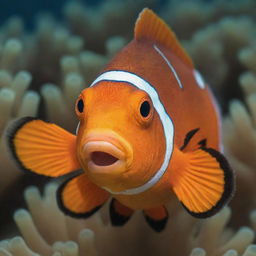 A vibrantly colored clownfish, like Nemo, wearing a smartly tailored suit swimming underwater.