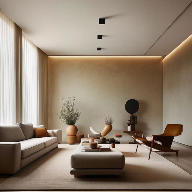 The previously described stylish, modern living room, now adopting a minimalist aesthetic, with clean lines, simple forms, a neutral color palette, minimal decor, and functional, unobtrusive furniture.