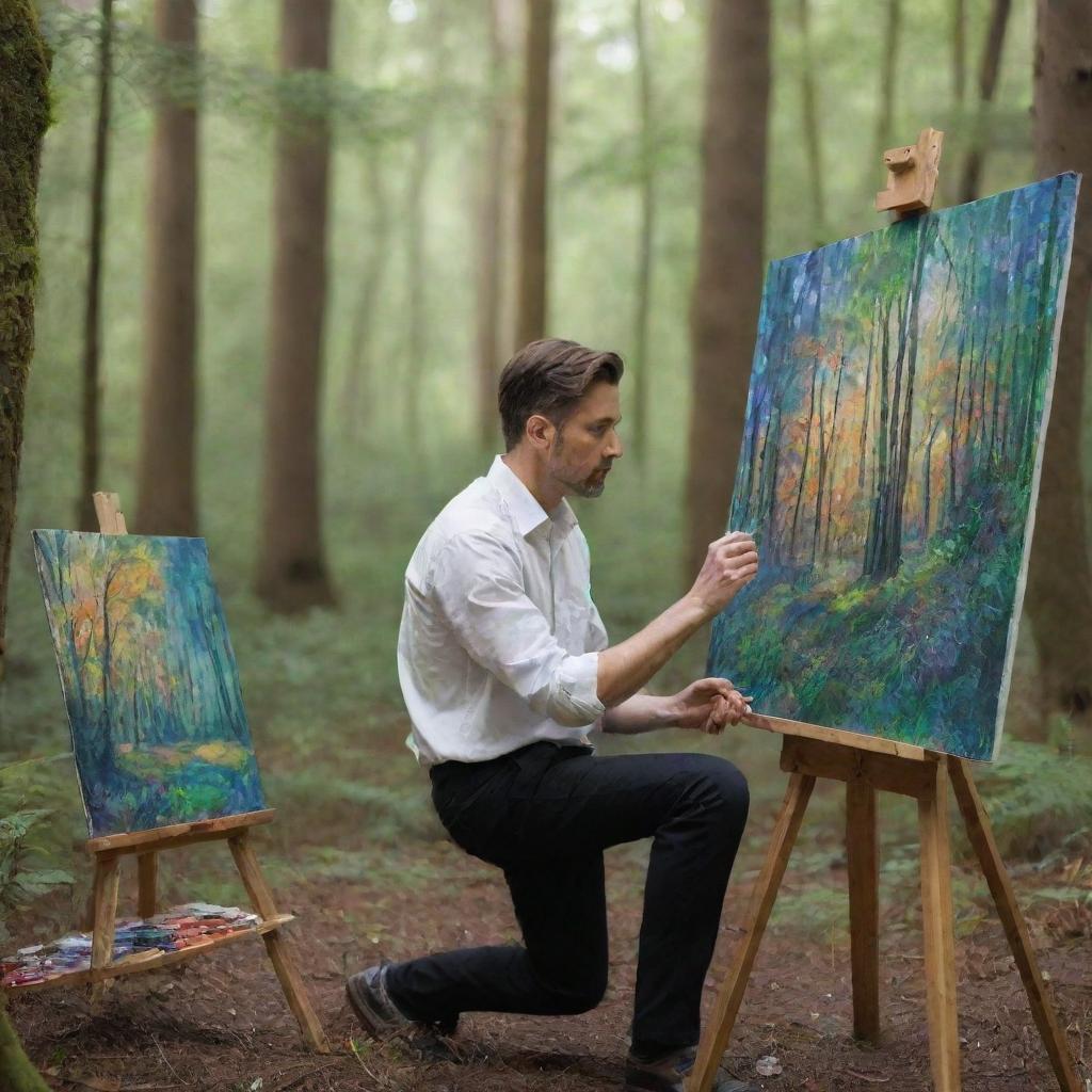 A male artist deeply engrossed in his painting amidst a vibrant, tranquil forest.