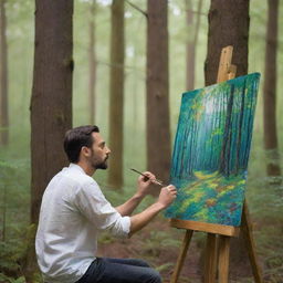 A male artist deeply engrossed in his painting amidst a vibrant, tranquil forest.