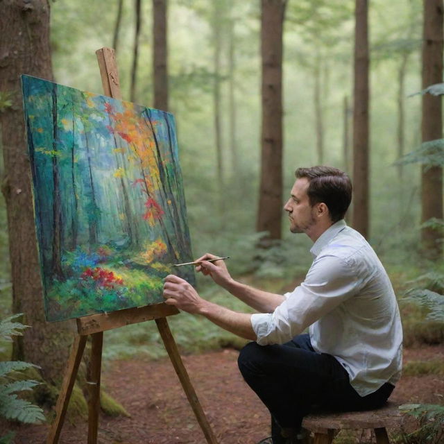 A male artist deeply engrossed in his painting amidst a vibrant, tranquil forest.