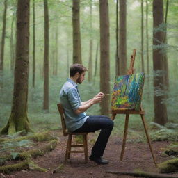 A male artist deeply engrossed in his painting amidst a vibrant, tranquil forest.