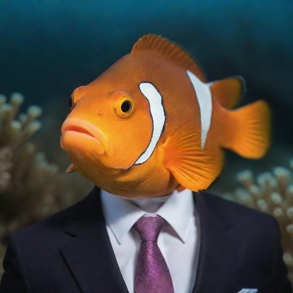 A brightly colored clownfish, akin to Nemo, dressed in a stylish business suit underwater.