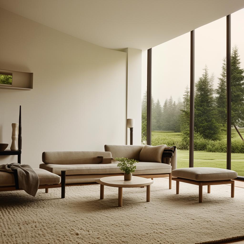 The previously described stylish, modern living room, now adopting a minimalist aesthetic, with clean lines, simple forms, a neutral color palette, minimal decor, and functional, unobtrusive furniture.