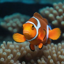 A brightly colored clownfish, akin to Nemo, dressed in a stylish business suit underwater.