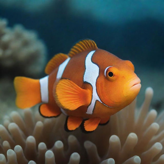 A brightly colored clownfish, akin to Nemo, dressed in a stylish business suit underwater.