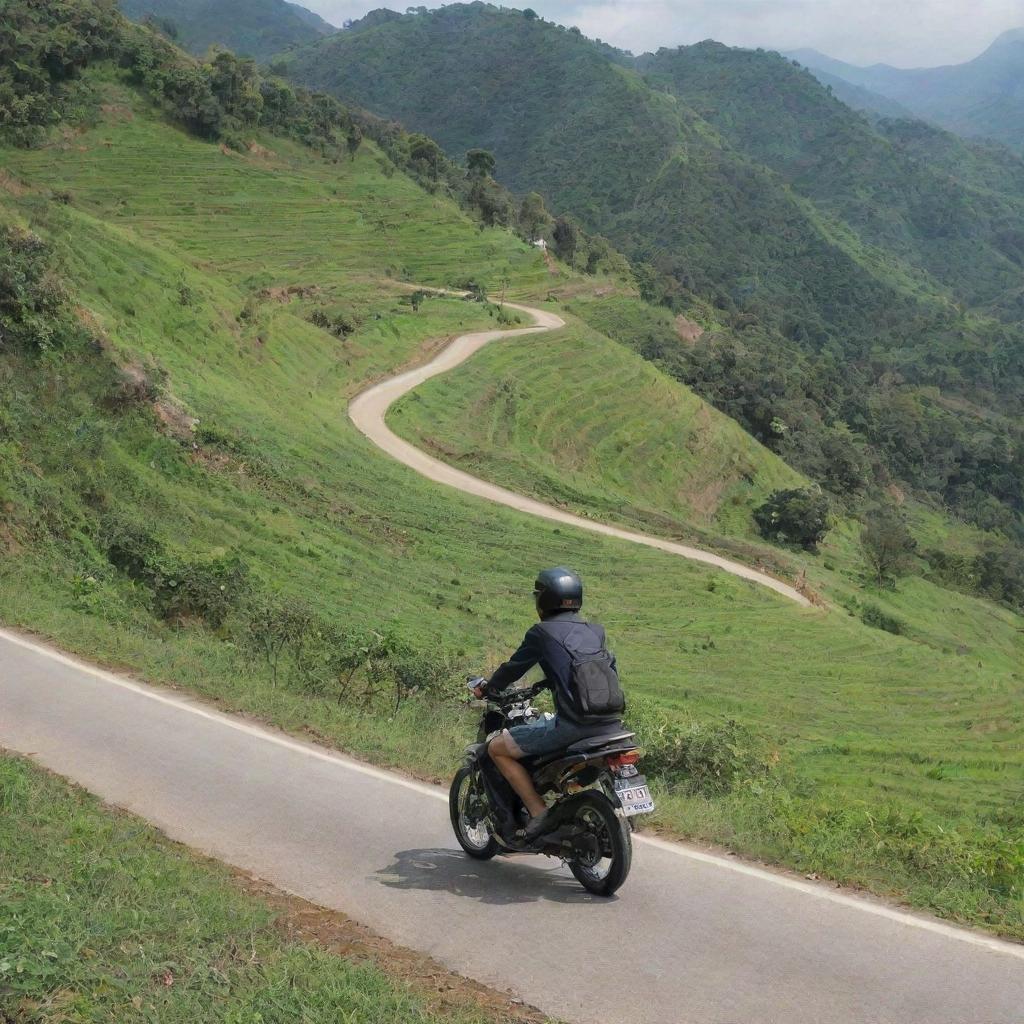 A teenage boy riding a motorcycle up the scenic slopes of Mount Ciremai in the daylight with lush greenery in the backdrop.