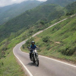 A teenage boy riding a motorcycle up the scenic slopes of Mount Ciremai in the daylight with lush greenery in the backdrop.