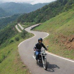 A teenage boy riding a motorcycle up the scenic slopes of Mount Ciremai in the daylight with lush greenery in the backdrop.