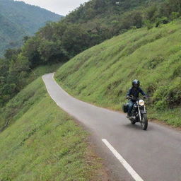 A teenage boy riding a motorcycle up the scenic slopes of Mount Ciremai in the daylight with lush greenery in the backdrop.