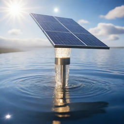 A futuristic device that converts sunlight into water, reflecting promising technology and a symbol of renewable energy transitions with solar rays illuminating dynamic machinery elements.