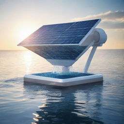 A futuristic device that converts sunlight into water, reflecting promising technology and a symbol of renewable energy transitions with solar rays illuminating dynamic machinery elements.