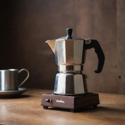 A shiny, polished moka pot resting on an aged, wooden countertop with a vibrant espresso pouring into a small cup displaying intense aroma.