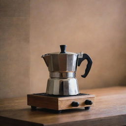 A shiny, polished moka pot resting on an aged, wooden countertop with a vibrant espresso pouring into a small cup displaying intense aroma.