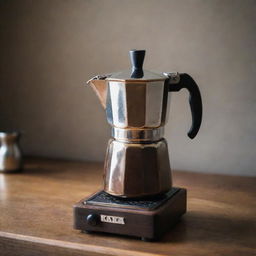 A shiny, polished moka pot resting on an aged, wooden countertop with a vibrant espresso pouring into a small cup displaying intense aroma.