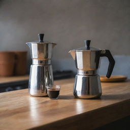 A shiny, polished moka pot resting on an aged, wooden countertop with a vibrant espresso pouring into a small cup displaying intense aroma.