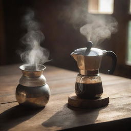 A gleaming moka pot beside a steamy cup of freshly brewed coffee on a rustic wooden table, warm light reflecting off their surfaces.